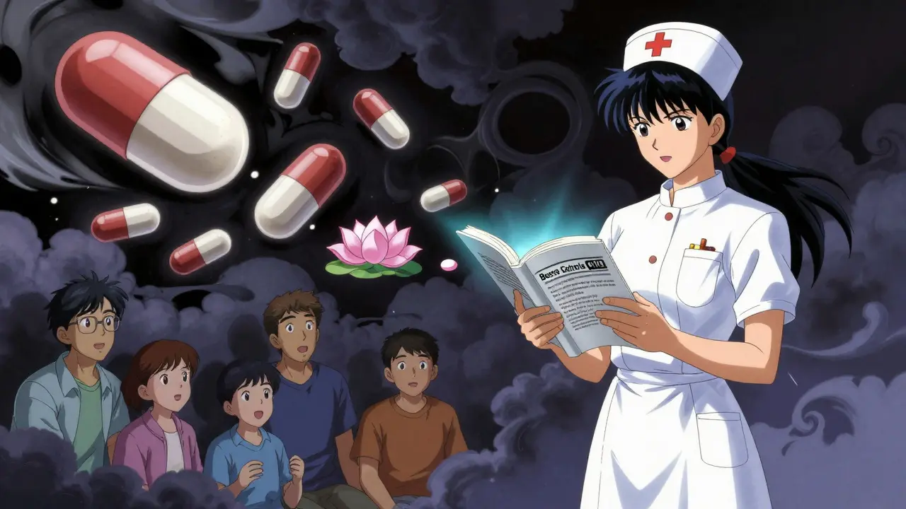 A radiant nurse stands against chaotic pills, holding a glowing book as a pill transforms into a lotus flower.