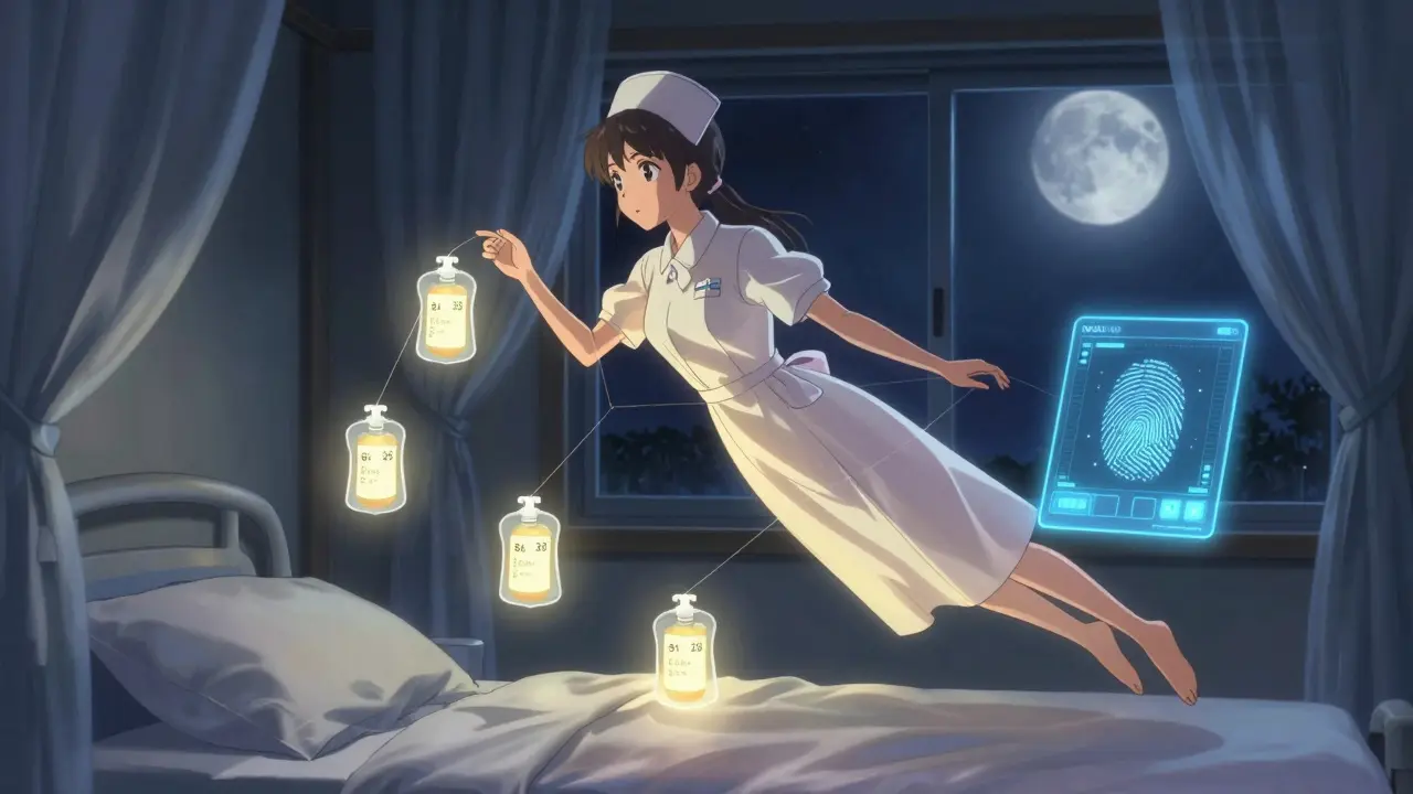 A spectral nurse hovers above a bed, guiding glowing medication pouches and a starlight digital app at night.