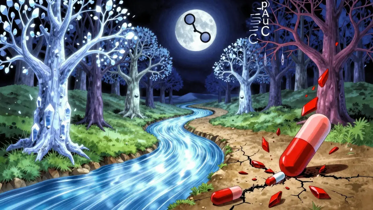 A surreal river of light flows through a crystalline forest, showing safe and dangerous drug release paths under a bioequivalence moon.