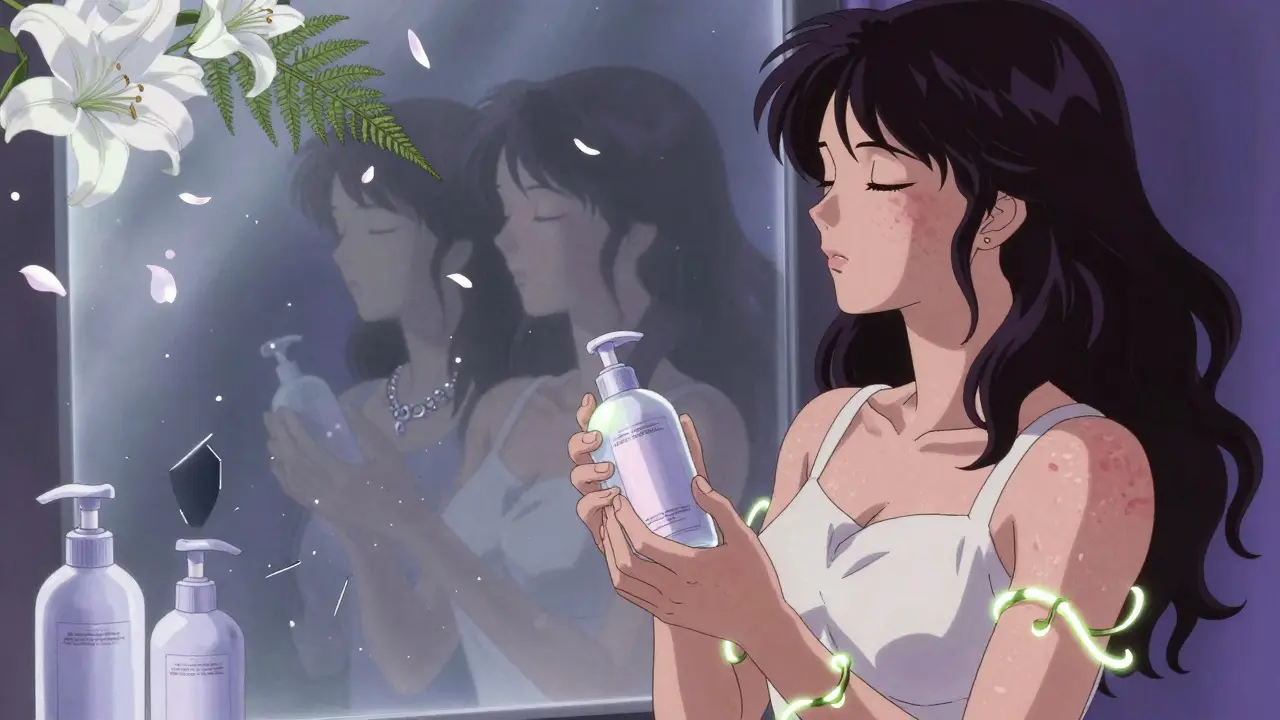 A woman at a mirror, free of rash, as shattered allergen objects turn to petals and vines, symbolizing relief and clarity.