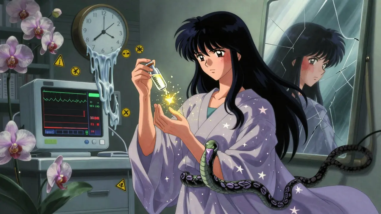 A woman holds a breaking lamotrigine vial as a valproate serpent coils around her, with a rash reflection and dissolving pharmacy shelf in dreamlike anime style.