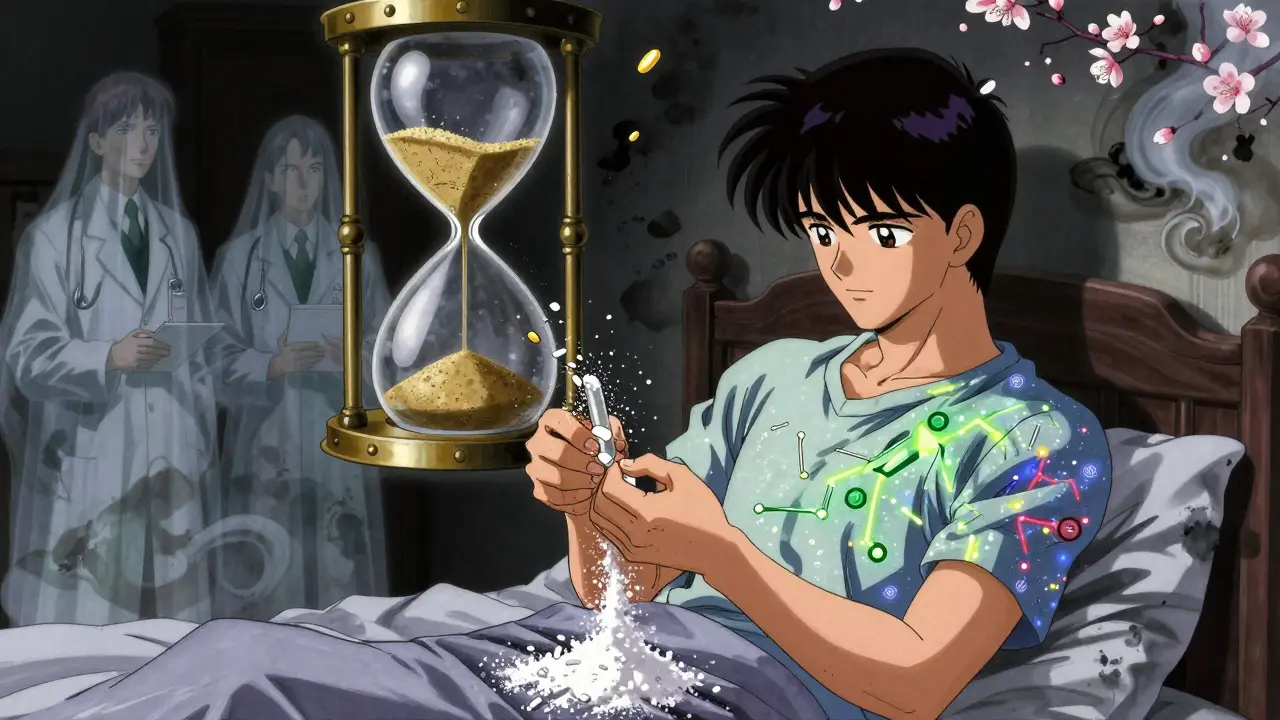 A young man crushing tramadol pills as his body dissolves into neuron constellations and seizure flashes.