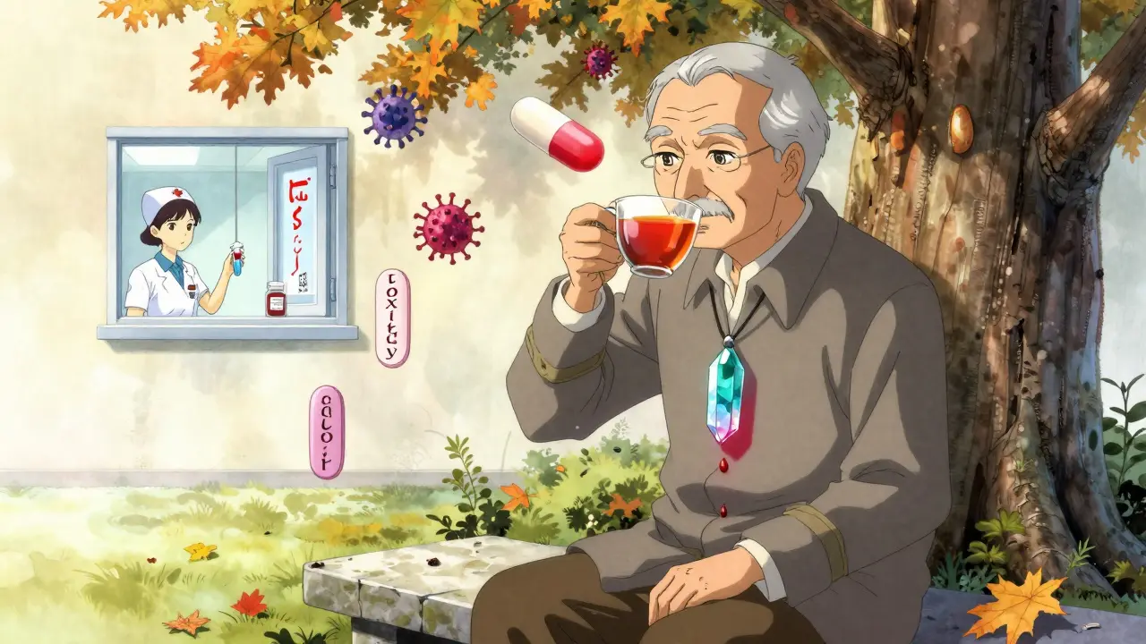 An elderly man sips tea as a toxic ibuprofen pill casts a shadow over his lithium pendant, surrounded by floating illness symbols in Amano-inspired anime art.