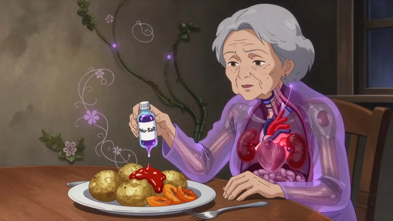 An elderly woman's translucent body reveals failing kidneys and erratic heart as high-potassium foods hover above her in spectral form.