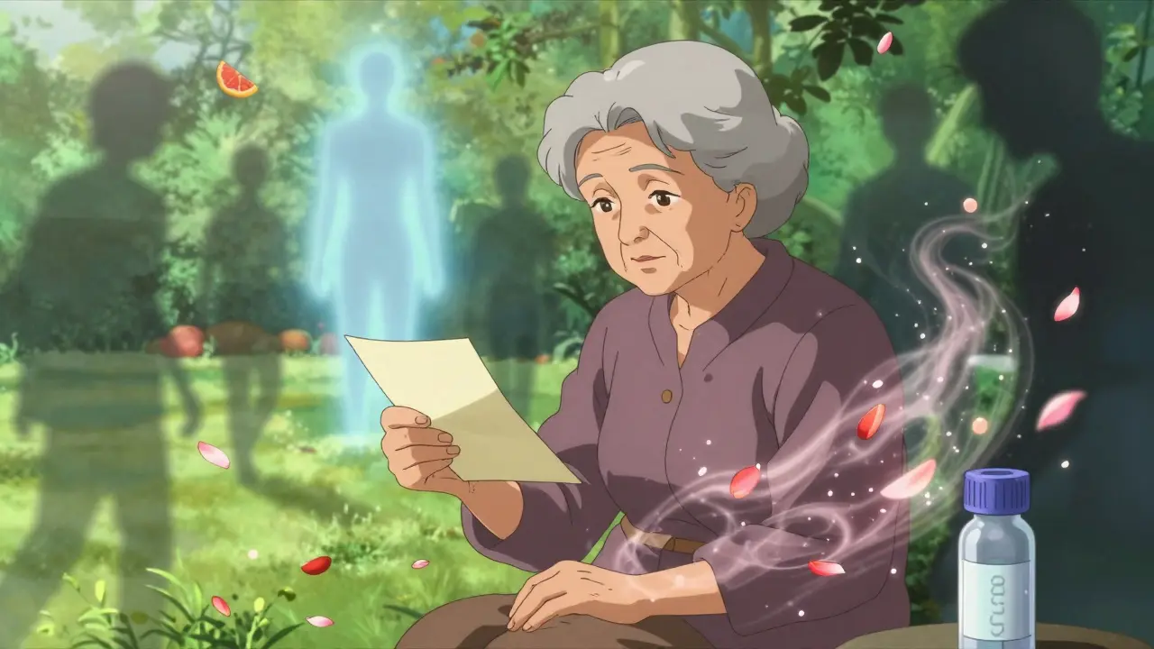 An elderly woman dissolves into petals as safer statin energy glows nearby, with warning substances fading to mist in Yoshitaka Amano aesthetic.