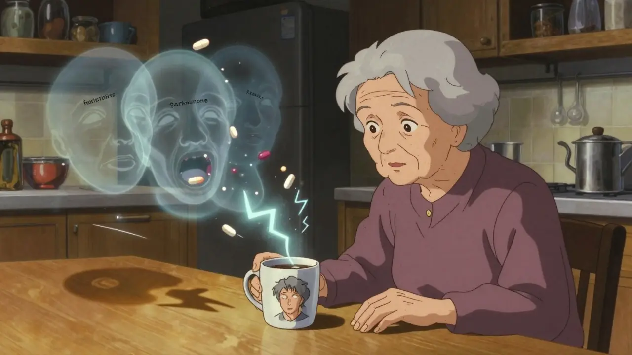 An elderly woman in her kitchen, haunted by floating antidepressant pills casting lightning bolts of drug interaction.