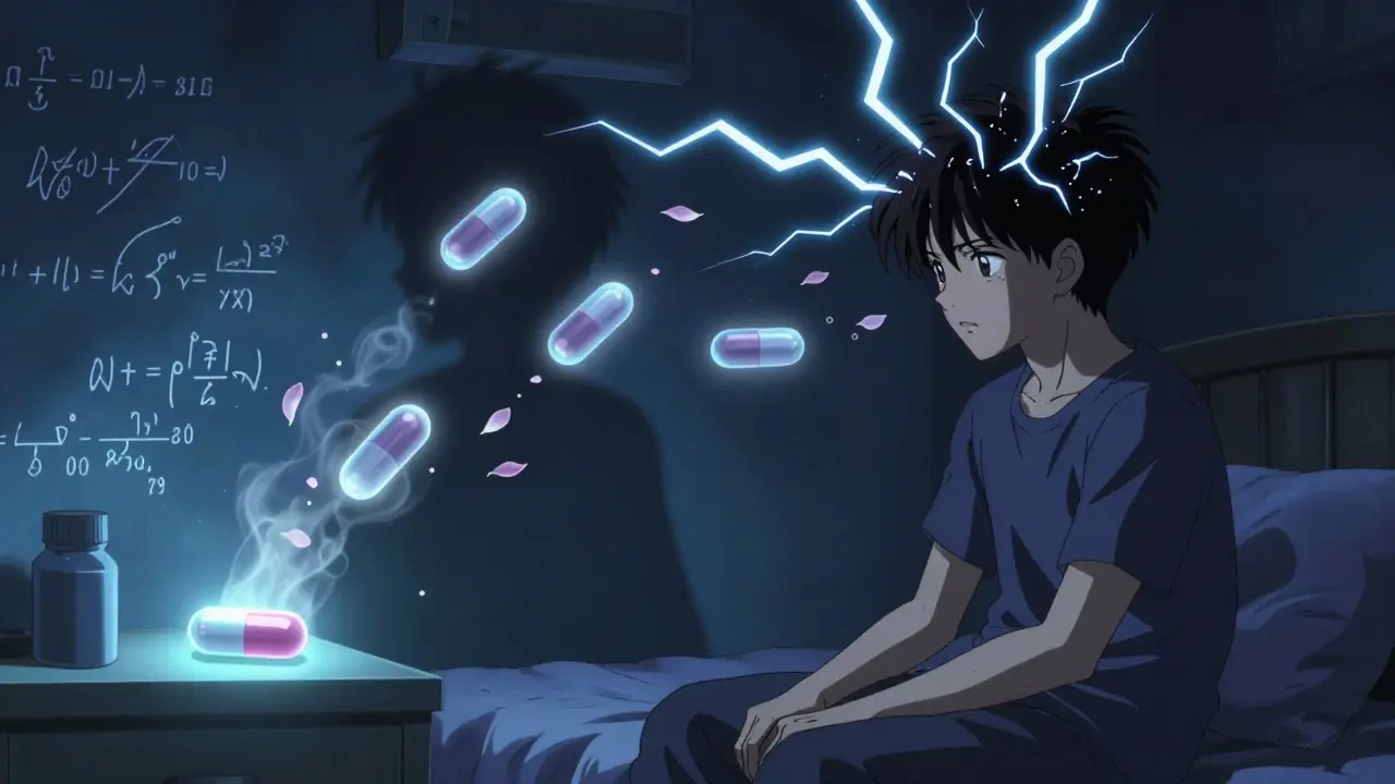 An epilepsy patient's shadow shows lightning bolts as generic pills dissolve around them, while a brand pill glows steadily.