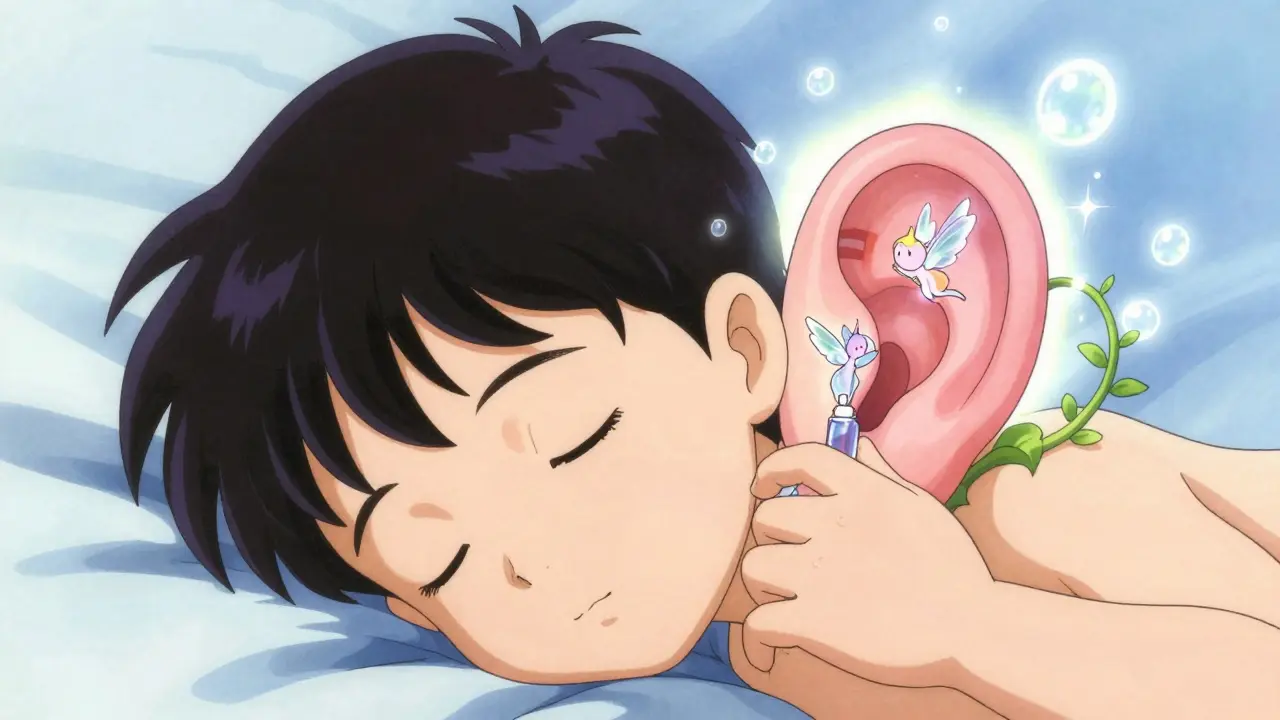 Child with spirit beings inserting flower-like ear tubes in dreamy pastel tones.