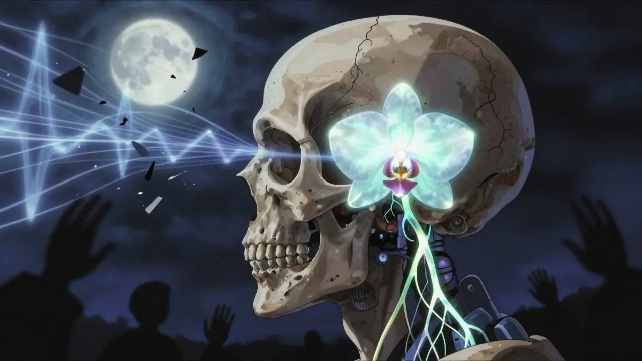 Cochlear implant like a luminous orchid rooted in the auditory nerve, surrounded by fragmented sound waves in twilight.