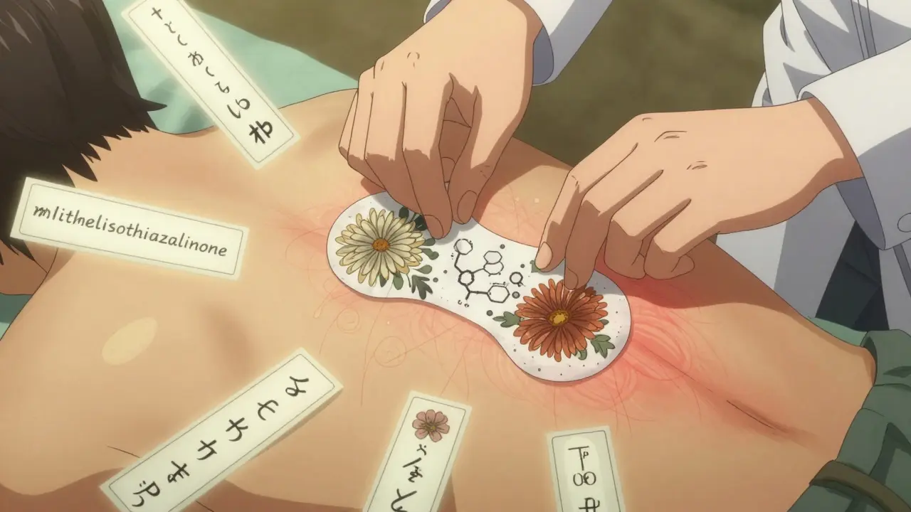 Dermatologist removing patch test strips as allergens dissolve into floral and chemical glyphs, skin glowing with faint red marks.