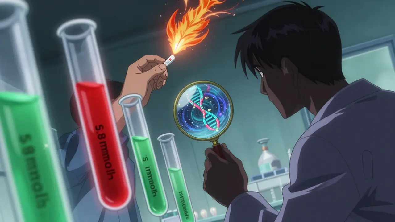 Floating blood test tubes show dangerous potassium levels, with genetic strands and a potassium binder tablet dissolving like magical feathers.