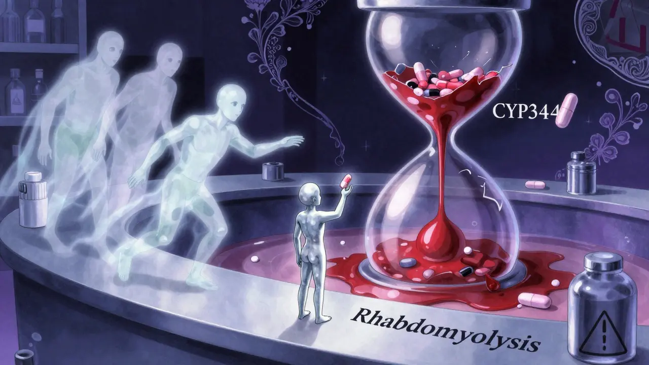 Ghostly medications reach toward a fragile human figure at a pharmacy counter, with a shattered enzyme dripping red liquid in Amano's delicate style.