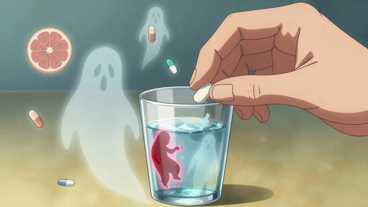 Hand placing a pill in water, with spectral side effects rising as glowing icons of interacting substances.