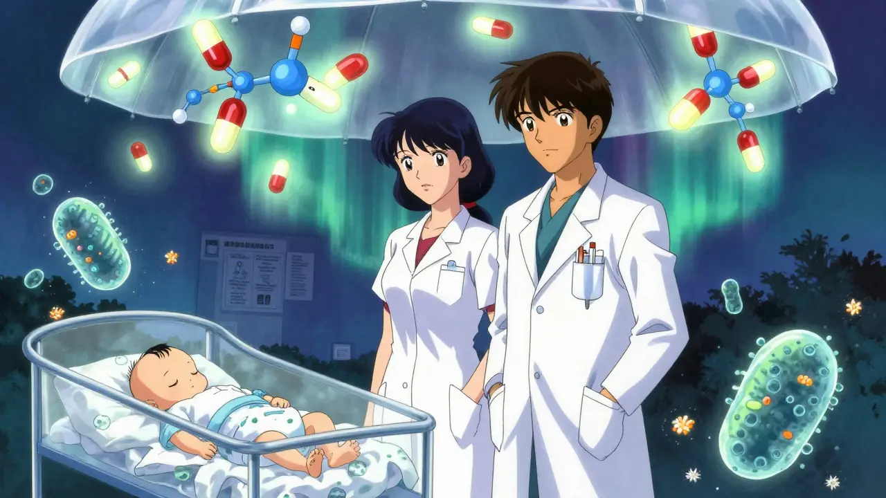 Mother and pediatrician beside sleeping baby, surrounded by glowing bacteria and medical symbols.