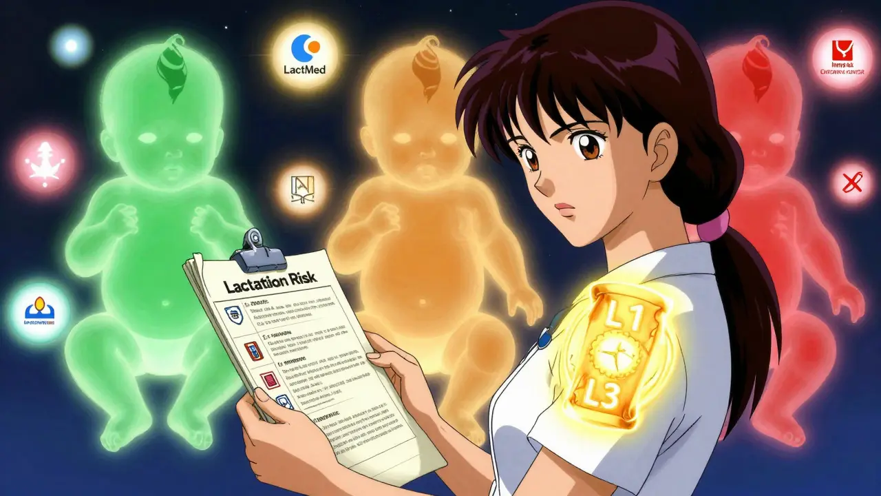 Mother holding medical chart with glowing Lactation Risk Categories as runes.