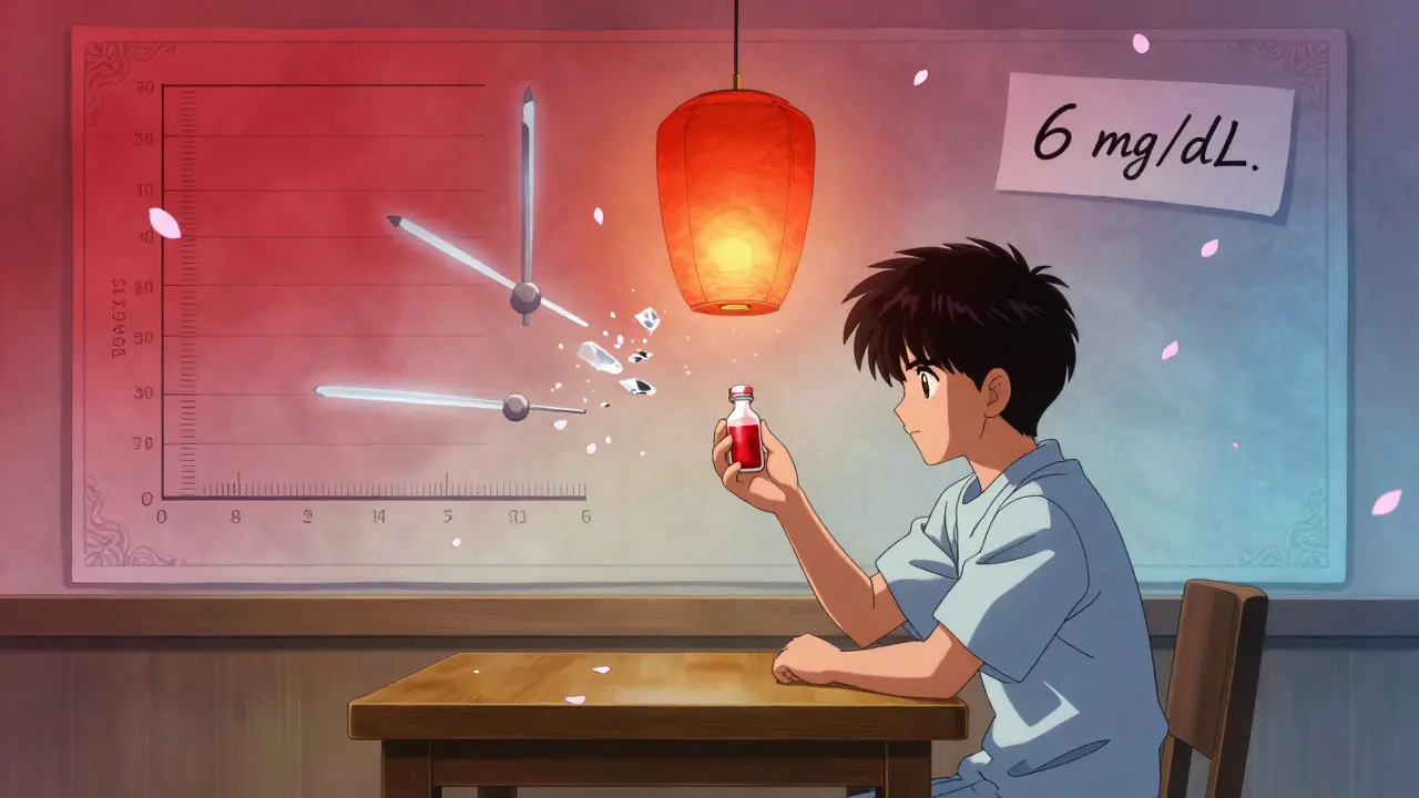 Patient holds glowing blood vial as urate levels drop, with floating clock and cherry blossoms.