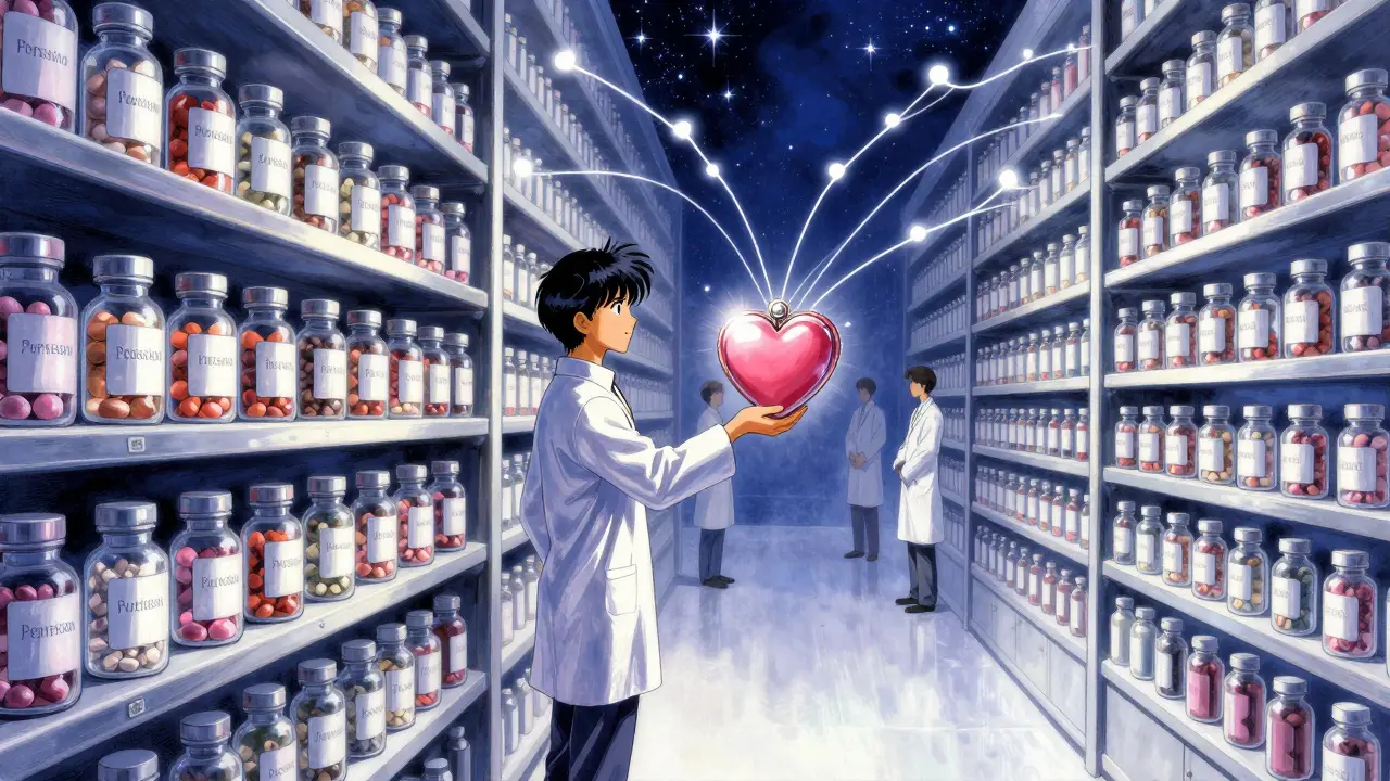 Patient standing before an infinite pharmacy shelf, holding a heart locket connected to medication bottles by glowing threads.