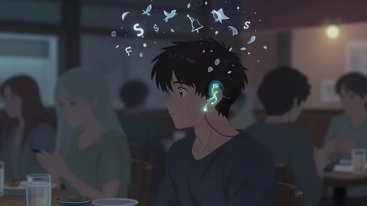 Person in a blurred crowd, high-pitched sounds fading as glass petals, a bioluminescent hearing aid glowing softly.