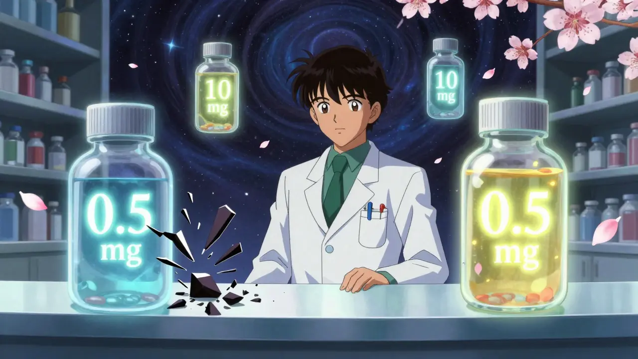 Pharmacist surrounded by floating medication bottles with correctly and incorrectly formatted strengths.