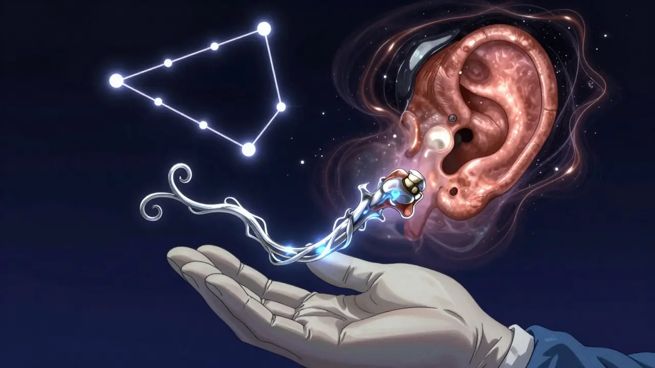 Surgeon holding a luminous 3D-printed ear prosthesis amid cosmic bone constellations.