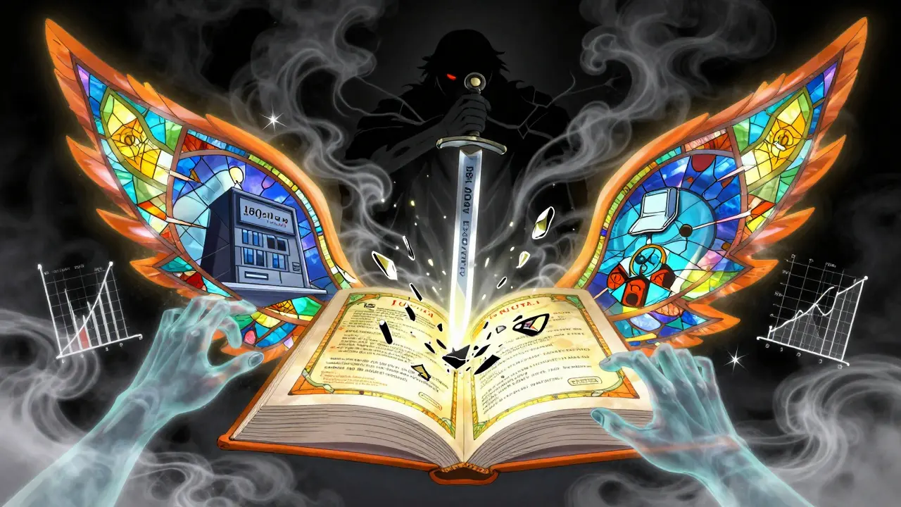 The Orange Book opens like wings, revealing a Paragraph IV certification shattering into light.