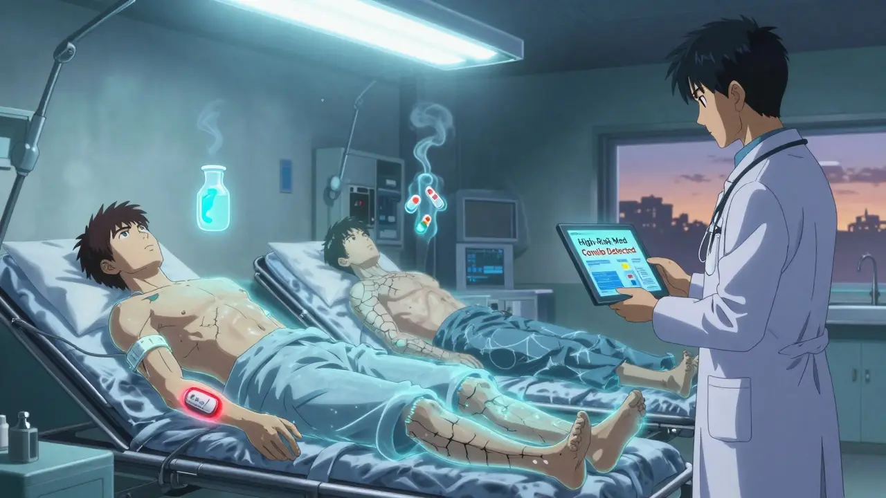 Three patients in an ER under flickering lights, one with a glowing temperature wearable, surrounded by medical icons dissolving into smoke.