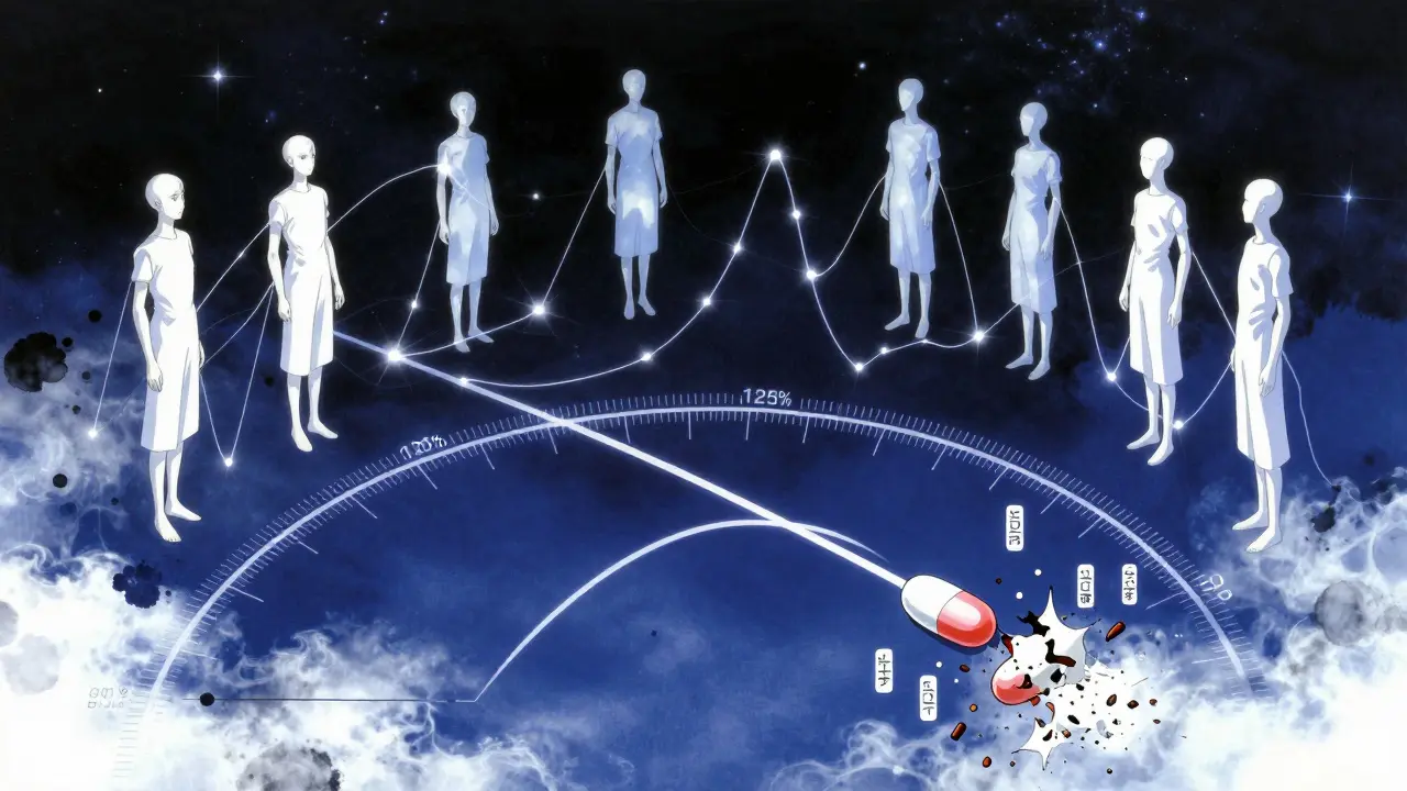 Translucent human figures connected by glowing curves under a celestial 80-125% range gate, with one pill breaking through its limit.