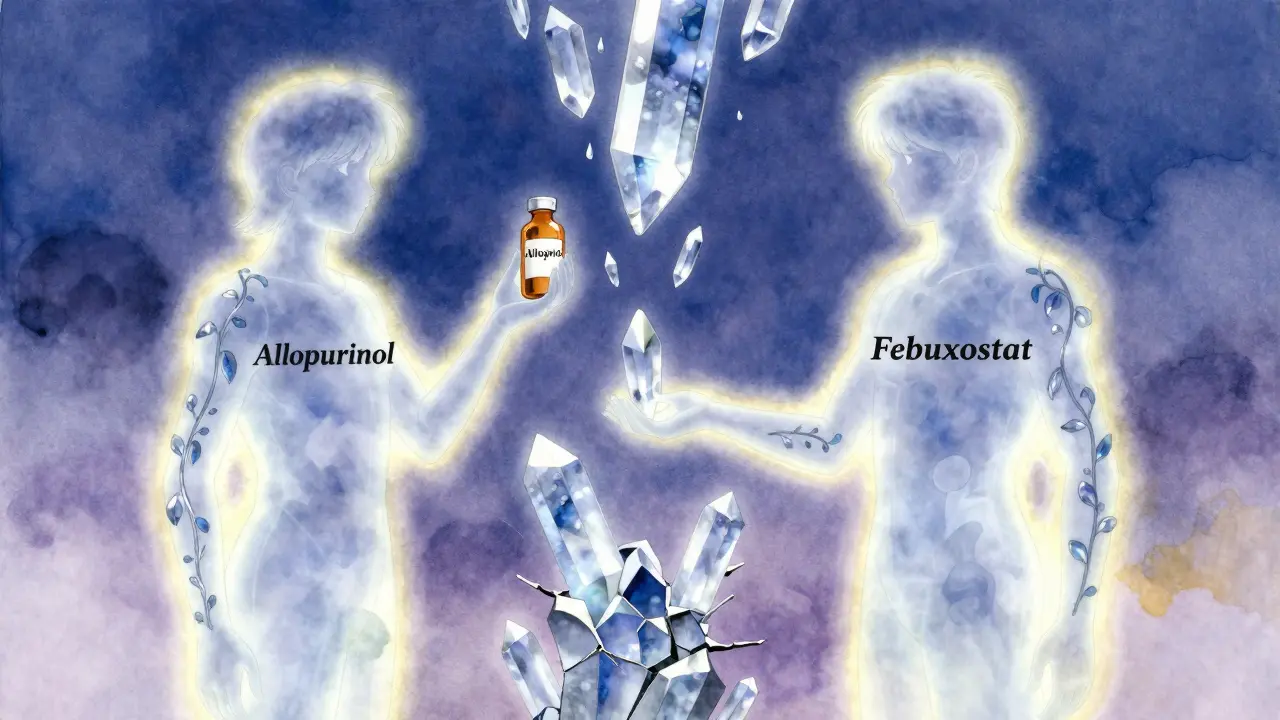 Two glowing figures inhibit uric acid production as crystals dissolve from a fractured joint.