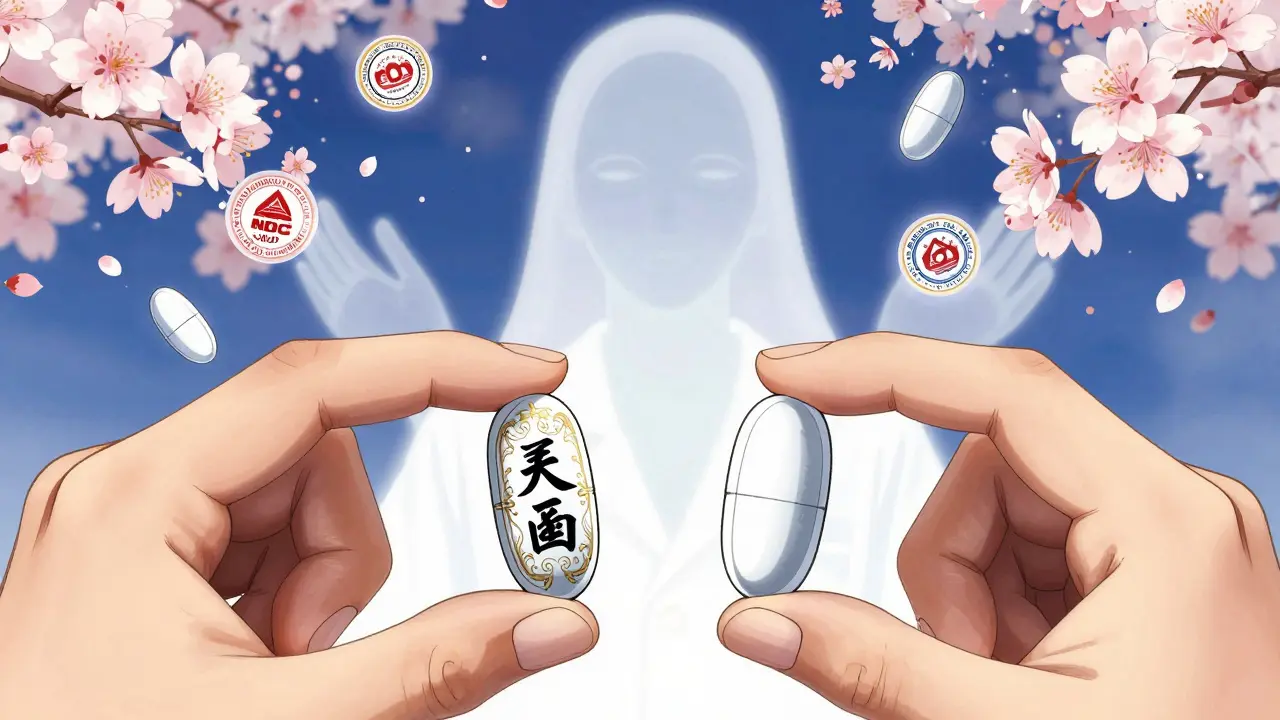 Two identical pills side by side, one branded, one plain, with glowing NDC codes and cherry blossoms.