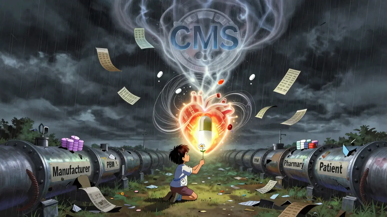 A crumbling pipeline pulses with a glowing pill as a child offers a flower, while price tags fall upward into mist.