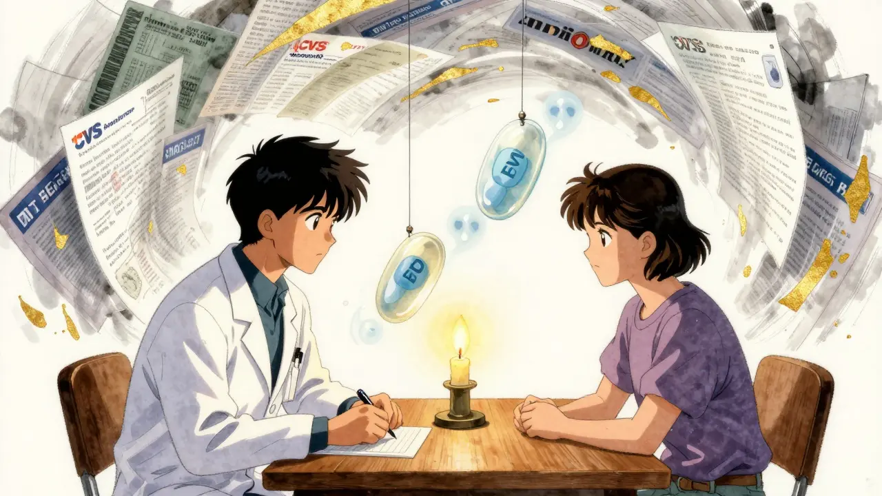 A doctor and patient facing each other as floating pills and insurance symbols drift between them in a soft candlelit room.