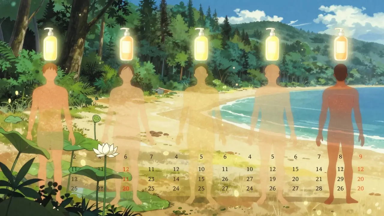 A floating shampoo bottle marks each month as fungal patterns fade across a landscape, culminating in a blooming lotus.