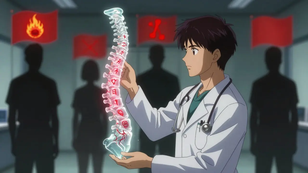 A floating spine with glowing red warning symbols for infection, fracture, and nerve compression.
