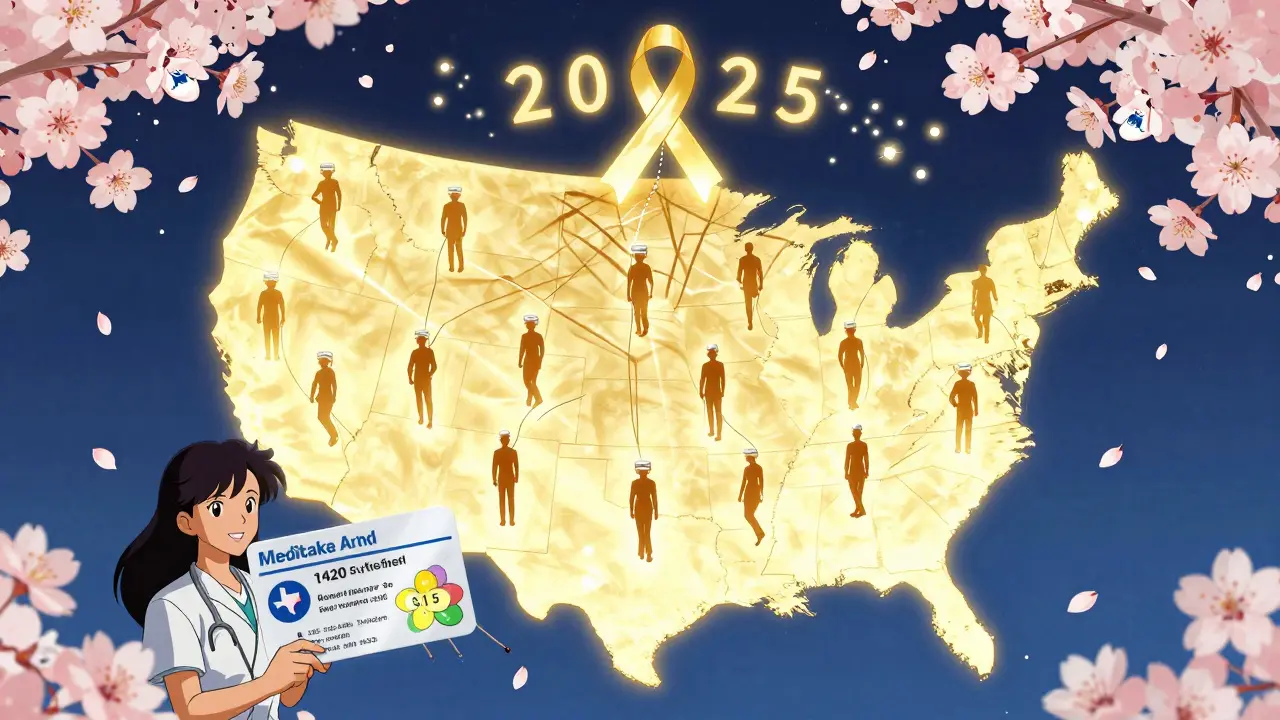 A glowing Medicare cap symbol casting light over millions of silhouettes, with a woman holding a reduced insulin cost.