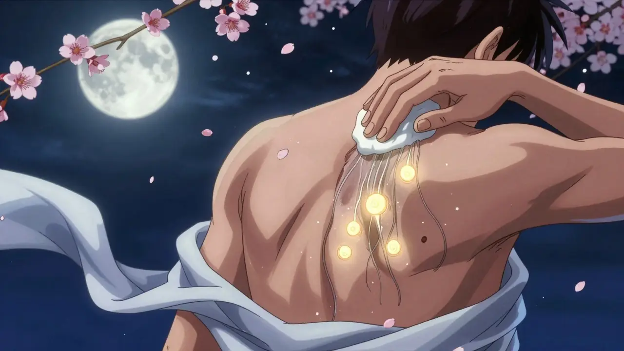 A hand applies antifungal shampoo as glowing yeast structures dissolve into mist, with silk-like fabric swirling nearby.