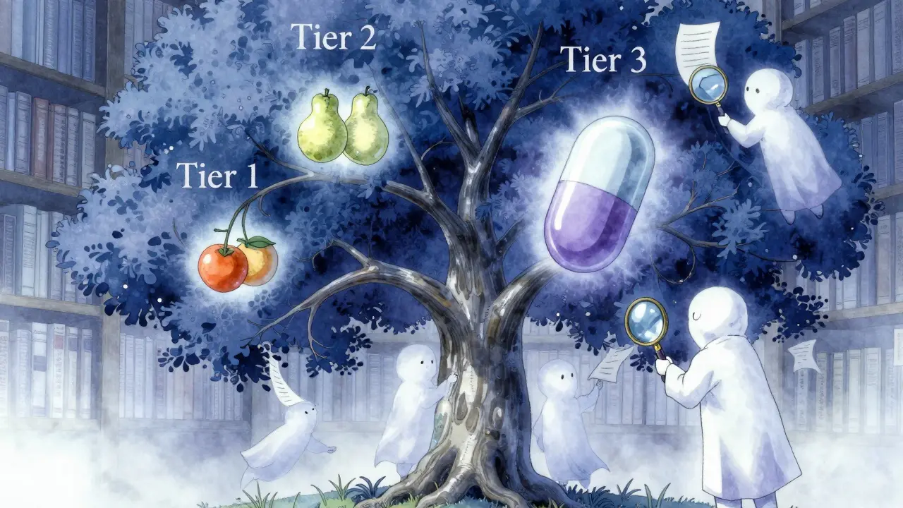 A mystical formulary tree with pill-shaped fruits on different tiers, surrounded by whispering paper spirits.