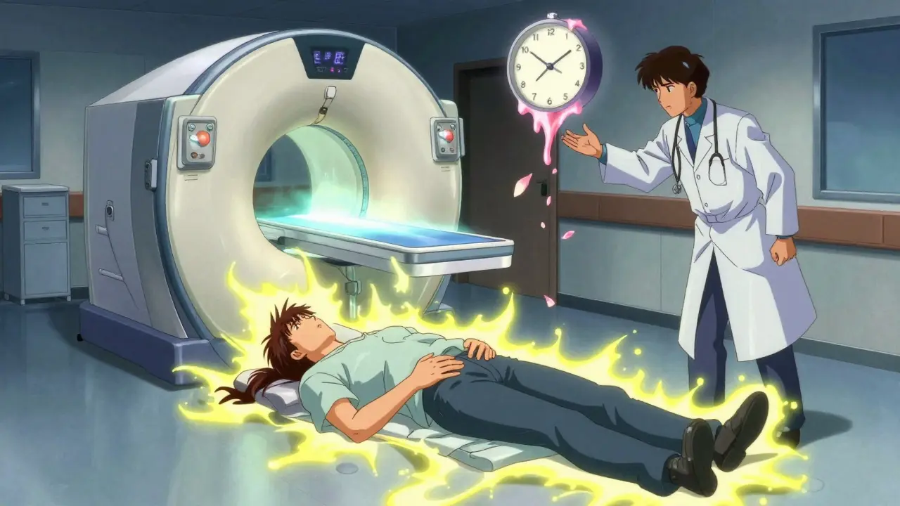 A patient in emergency with glowing numbness aura around groin, MRI scanner above, clock melting into petals.