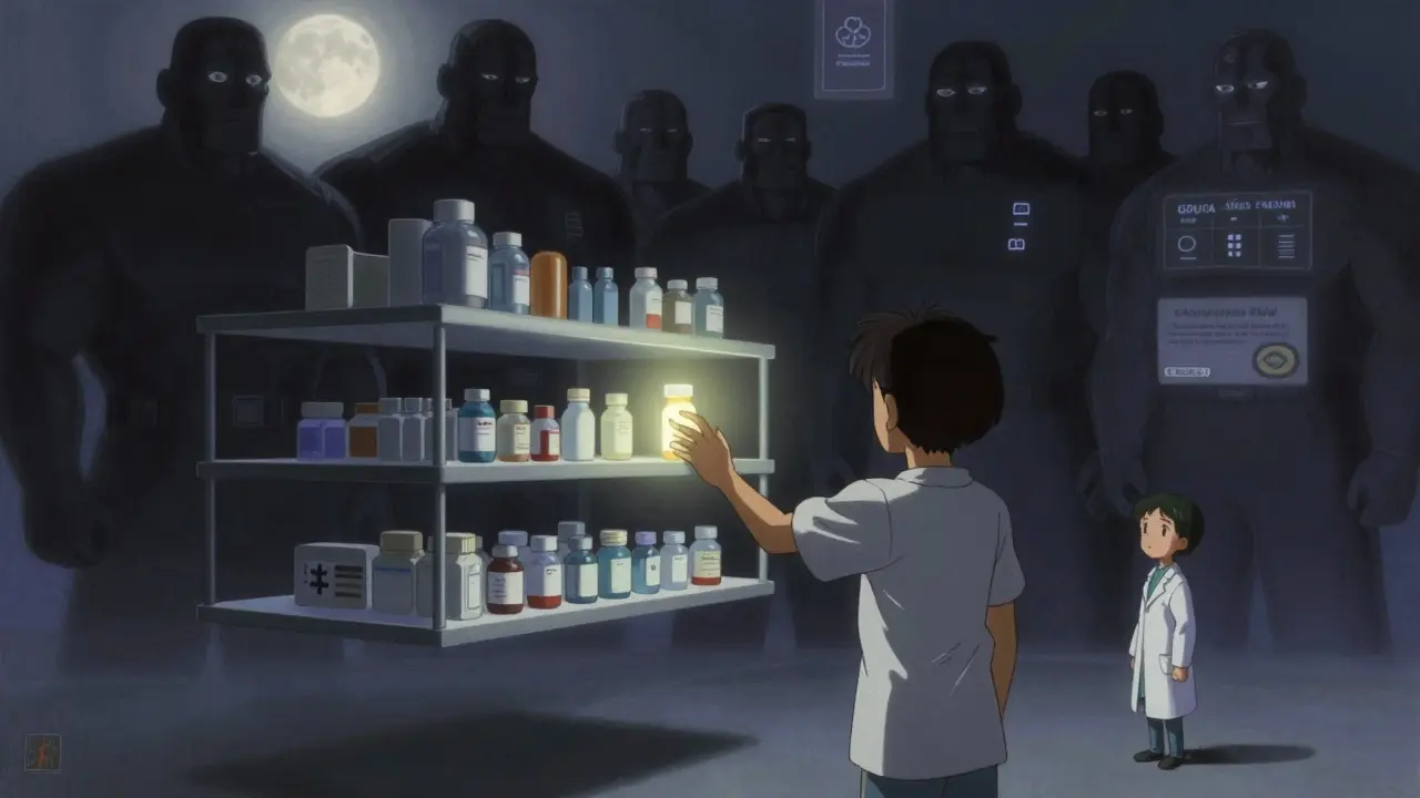 A patient reaching for a single glowing generic drug among many dark ones, representing access and delay.