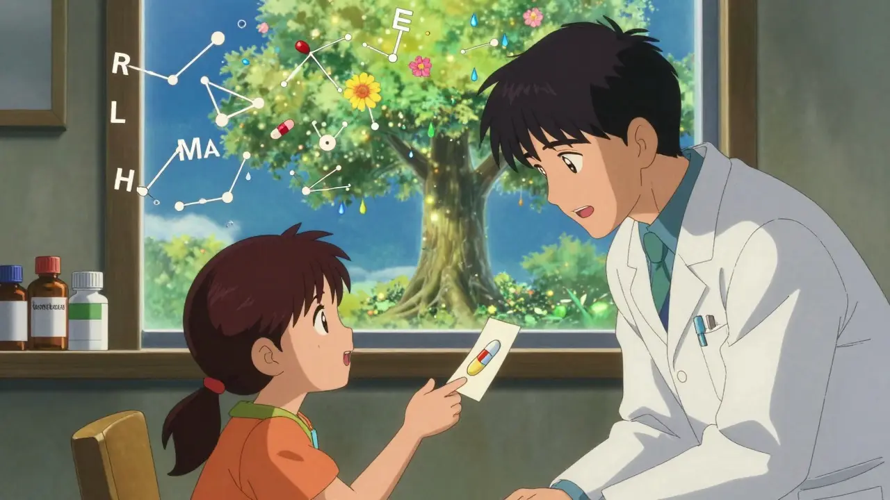 A pharmacist speaks to a parent and child, with floating medicine glyphs and a hand-drawn pill card glowing softly.