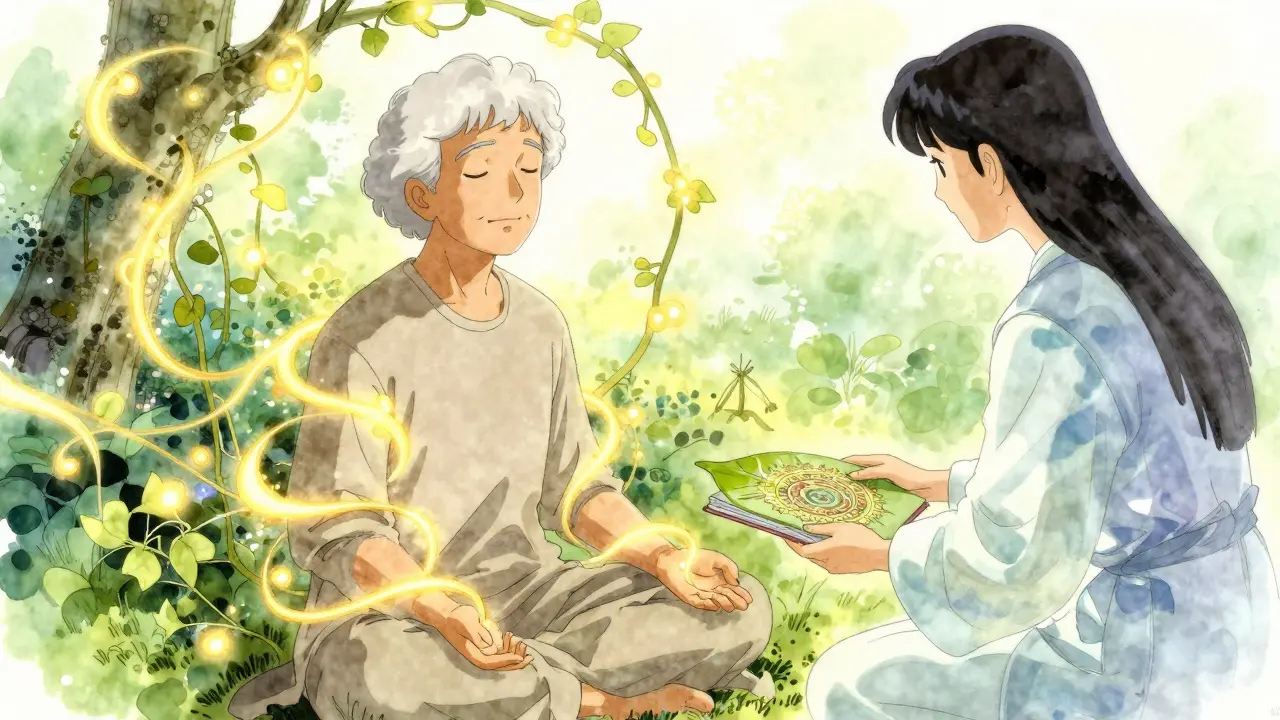 A senior meditating in a garden with golden therapeutic vines and a translucent therapist offering a journal.