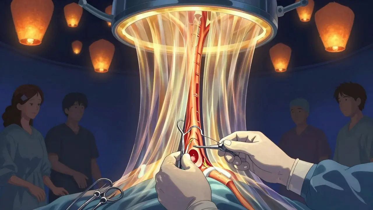 A surgeon releases a compressed nerve under glowing lanterns, with recovery silhouettes in the distance.