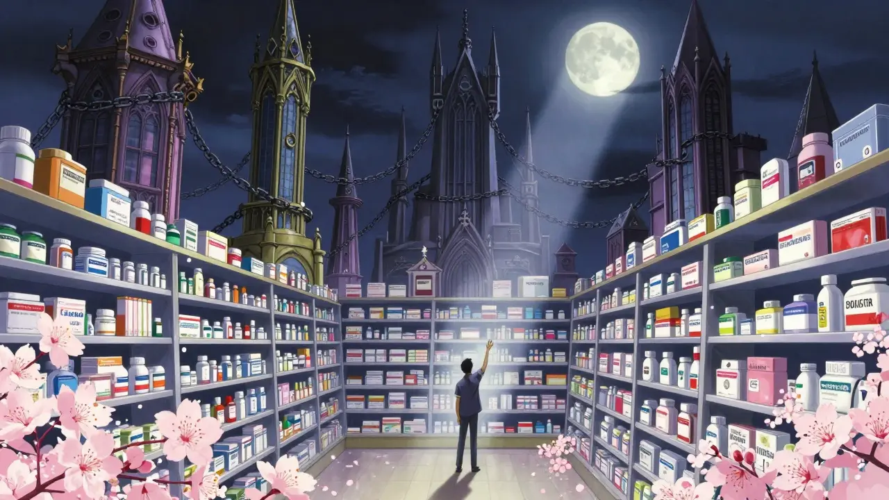 A surreal pharmacy shelf with generics as delicate flowers and brand drugs as towering gothic structures, under moonlight.