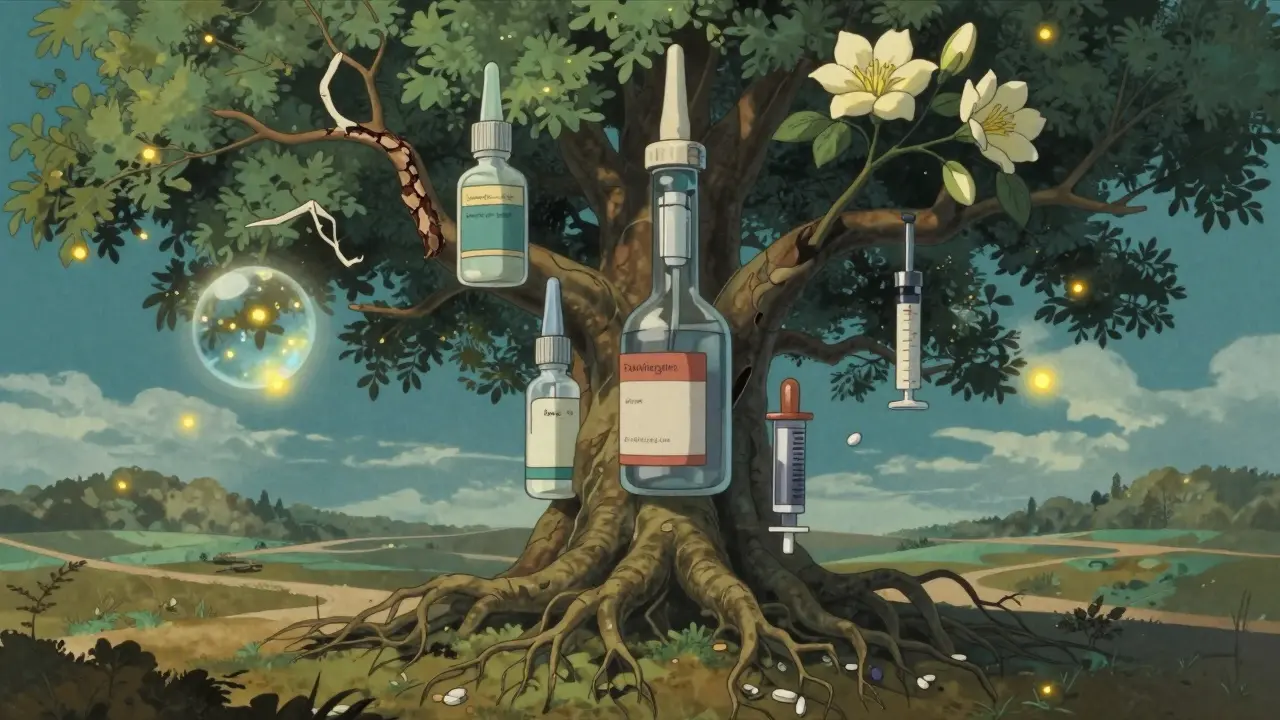 A tree with drug-formulation branches, one withered, one blooming, as AI orbs illuminate the path of approval.