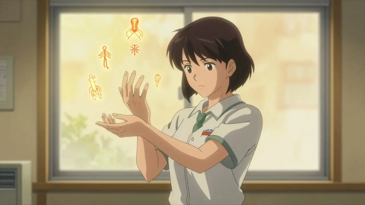 A woman stretches her wrist as anatomical symbols float around her in golden morning light.