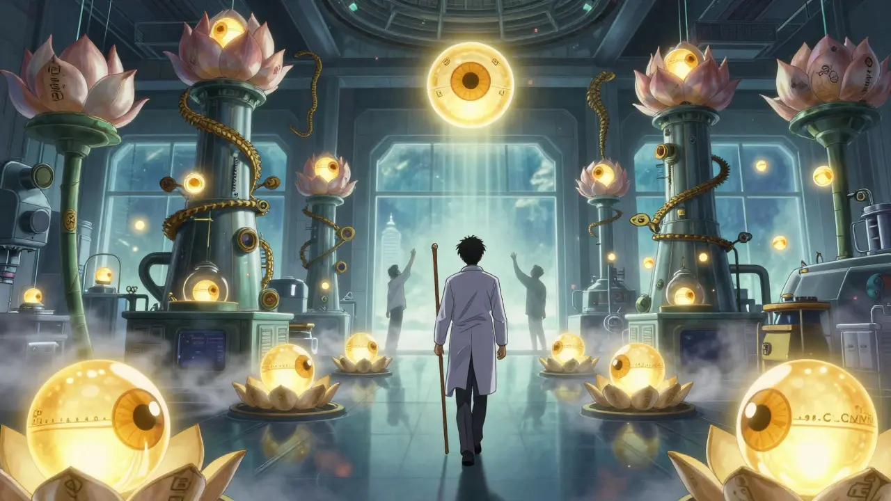 An FDA inspector walking through a fantastical pharmaceutical factory with lotus-shaped machines and floating eyes of oversight.