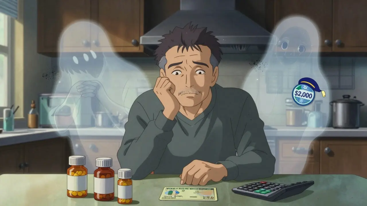 An older man at home with pill bottles and a Medicare card, surrounded by translucent future selves and financial clouds.