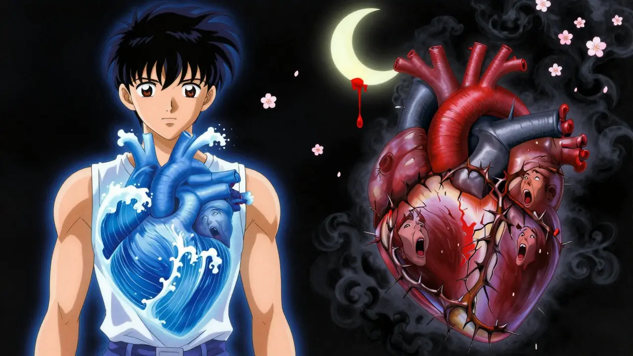 Dual-portrait of a healthy heart versus a damaged one, with thorny smoke and falling reverse blossoms.