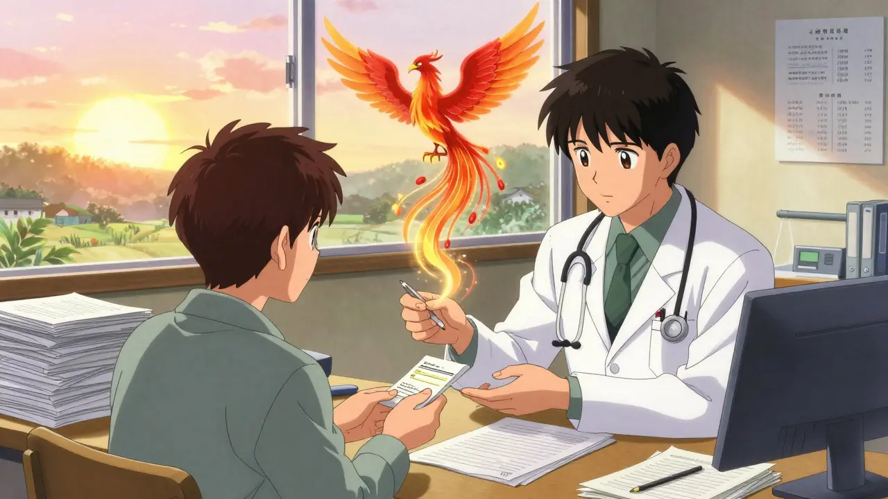 Rural doctor with paperwork and sunrise, patient receiving prescription, data phoenix rising.