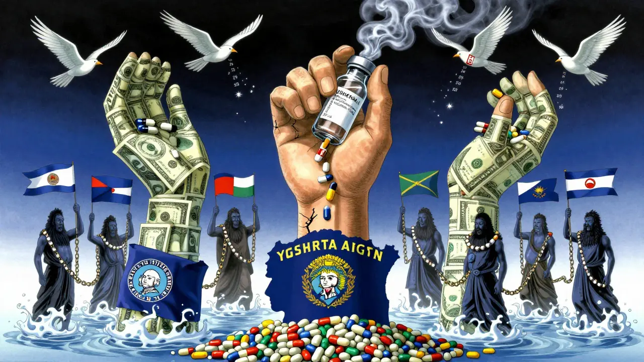 Three corporate hands clutch a generic vial while state spirits rise below, forming a shield of interconnected pills.