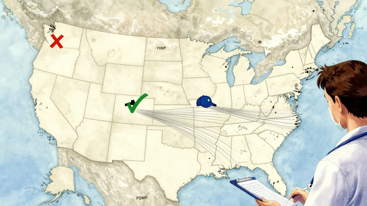 US map with symbolic state icons showing varying telemedicine prescription rules.